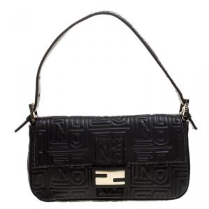 Pre Owned Fendi Balck Leather Logo Embossed Mama Baguette Shoulder Bag
