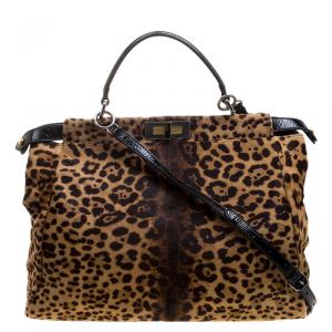 Pre Owned Fendi Leopard Print Calfhair Large Peekaboo Bag