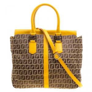 Pre Owned Fendi Tobacco/Yellow Zucca Canvas and Leather Tote