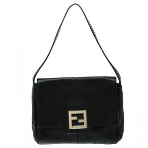 Pre Owned Fendi Black Shimmering Leather Shoulder Bag