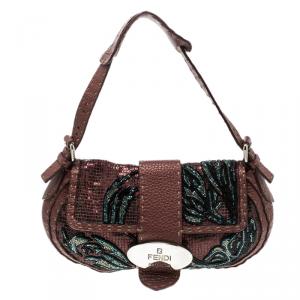 Fendi Bordeaux Leather Sequins and Beaded Selleria Baguette Bag