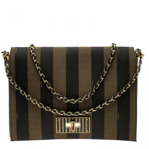 Pre Owned Fendi Tobacco Pequin Stripe Canvas Large Claudia Shoulder Bag