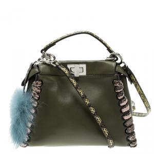 Pre Owned Fendi Olive Green Leather and Python Trim Mini Peekaboo Top Handle Bag