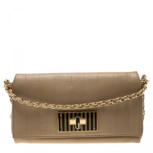 Pre Owned Fendi Beige Pequin Embossed Leather Small Claudia Shoulder Bag