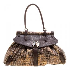 Pre Owned Fendi Black/Gold Croc Embossed Canvas Medium Magic Bag