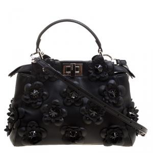 Pre Owned Fendi Black Leather Mini Peekaboo Allover Flowers Black Edition Top Handle Bag