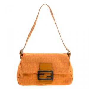 Pre Owned Fendi Orange Zucchino Canvas Mini Mama Baguette Bag