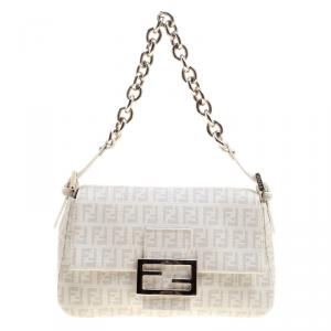 Pre Owned Fendi White Zucchino Coated Canvas Mama Forever Shoulder Bag