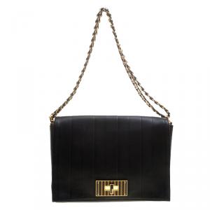 Pre Owned Fendi Black Leather Pequin Tonal Strip Shoulder Bag