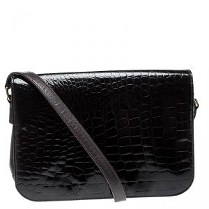 Pre Owned Fendi Dark Brown Crocodile and Leather Vintage Flap Shoulder Bag