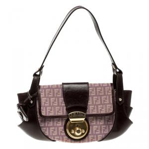Pre Owned Fendi Purple/Brown Zucchino Canvas and Leather Shoulder Bag