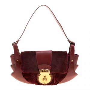 Pre Owned Fendi Burgundy Fur and Leather Borsa Tuc Shoulder Bag