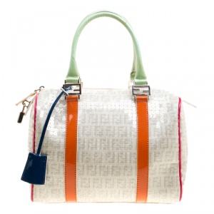 Fendi Beige/Multicolor Zucchino Sequin Canvas and Leather Bauletto Boston Bag