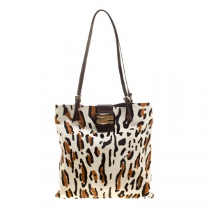 Pre Owned Fendi White Leopard Print Calfhair Shoulder Bag