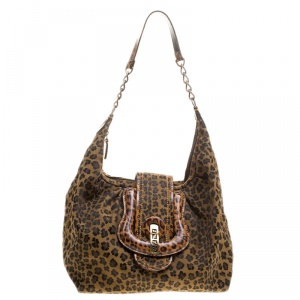 مملوكة مسبقًا Fendi Brown/Black Leopard Print Canvas B Buckle Hobo