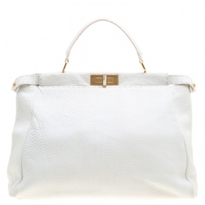 Pre Owned Fendi White Leather Large Peekaboo Top Handle Bag
