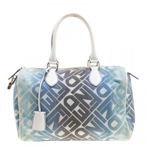 Pre Owned Fendi Blue /White Logo Print Canvas Boston Bag