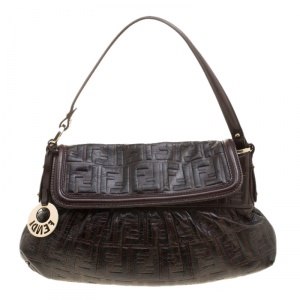Pre Owned Fendi Dark Brown Zucca Embossed Leather Chef Shoulder Bag