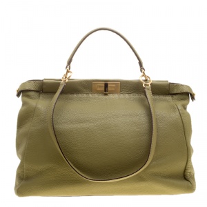 Pre Owned Fendi Green Selleria Leather Large Peekaboo Top Handle Bag