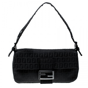 Pre Owned Fendi Black Zucchino Canvas Mama Baguette Shoulder Bag