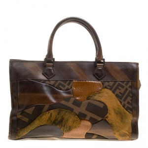Pre Owned Fendi Brown Zucca Canvas and Leather Patchwork Tote