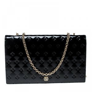 Pre Owned Fendi Black Patent Leather Fendilicious Wallet On Chain