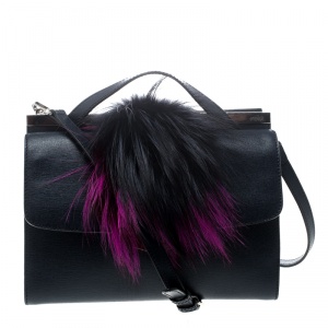 Pre Owned Fendi Navy Blue Textured Leather Small Demi Jour Fur Shoulder Bag