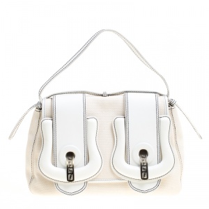 Pre Owned Fendi Beige/White Canvas and Leather B Shoulder Bag