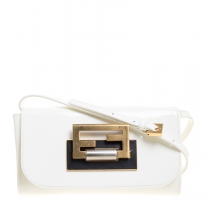Pre Owned Fendi White Patent Leather Small Fan Di Shoulder Bag