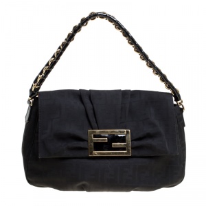 Pre Owned Fendi Black Canvas Mia Flap Bag