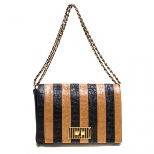 Pre Owned Fendi Black/Brown Croc Embossed Pequin Stripped Leather Large Claudia Shoulder Bag 