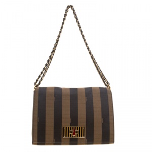 Pre Owned Fendi Tobacco Canvas Large Pequin Stripe Claudia Shoulder Bag