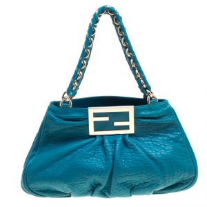 Pre Owned Fendi Turquoise Grained Leather Small Mia Tote