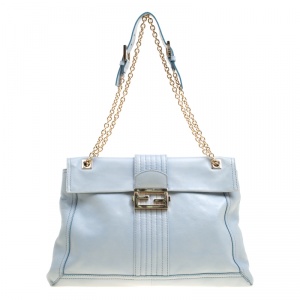 Fendi Tale Blue Leather Maxi Baguette Flap Shoulder Bag