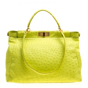 Pre Owned Fendi Neon Green Ostrich Large Peekaboo Top Handle Bag