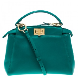 Pre Owned Fendi Green Leather Mini Peekaboo Top Handle Bag