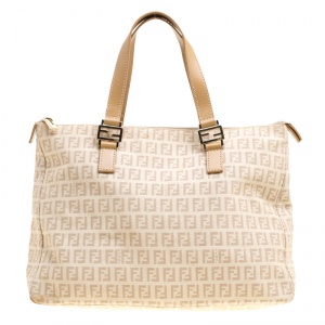 Pre Owned Fendi Beige/Brown Zucchino Canvas and Leather Zip Tote