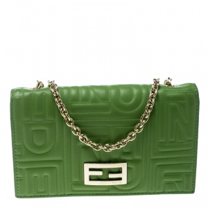 Pre Owned Fendi Green Embossed Leather Chain Wallet