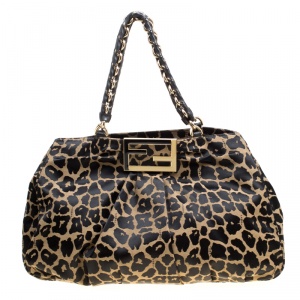 Pre Owned Fendi Black/Brown Leopard Print Canvas Large Mia Tote