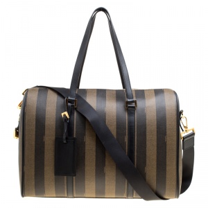 Pre Owned Fendi Black and Tobacco Striped Coated Canvas Spalmati Duffel Bag