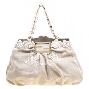 Pre Owned Fendi Beige/White Embroidered Canvas Large Mia Tote