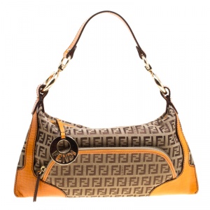 Pre Owned Fendi Beige/Orange Zucchino Canvas Shoulder Bag