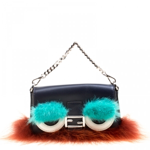 Fendi Blue Leather/Multicolor Fur Trim Micro Baguette Pouch
