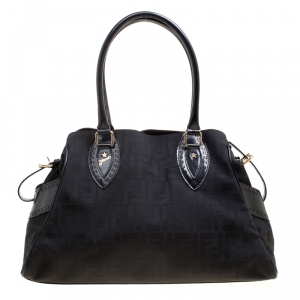 Pre Owned Fendi Black Zucca Fabric and Patent Leather Bag Du Jour Tote