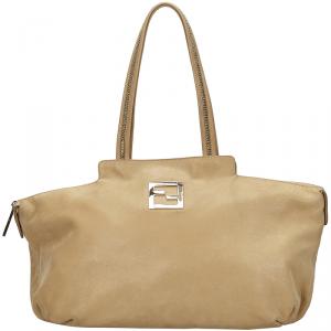 Pre Owned Fendi Beige Leather Chain Handle Tote Bag