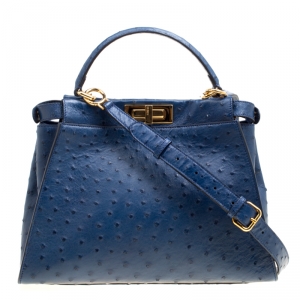 Pre Owned Fendi Blue Leather Medium Peekaboo Top Handle Bag