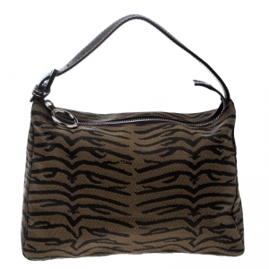 Pre Owned Fendi Tobacco Zebra Print Canvas Shoulder Bag