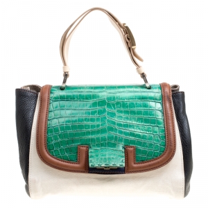 Pre Owned Fendi Multicolor Canvas, Leather and Crocodile Silvana Top Handle Bag