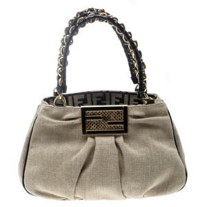 Pre Owned Fendi Beige/Black Jute and Patent Leather Small Mia Tote
