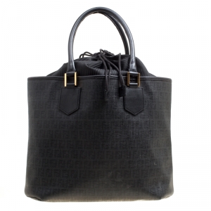 Pre Owned Fendi Black Zucchino Coated Canvas Spalmati Drawstring Tote